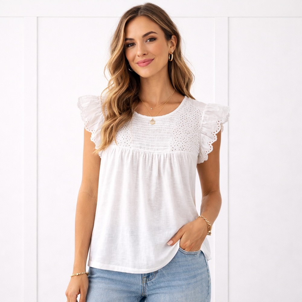 White Eyelet Flutter Sleeve Blouse Women’s Sz Small Boho Cottagecore Cotton Top